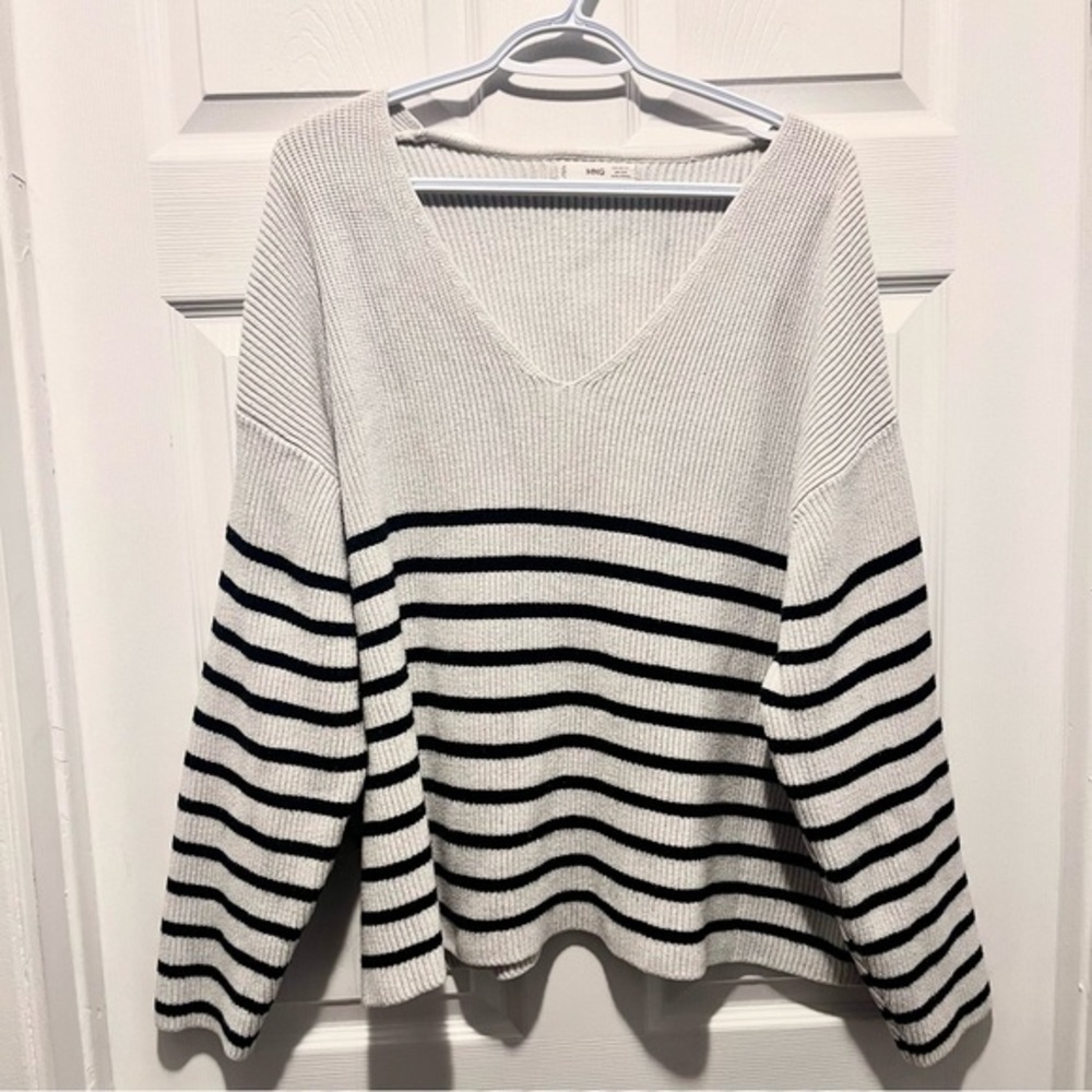 Mango Sweater Pull XXL Women White Black stripped V-Neck Long Sleeve